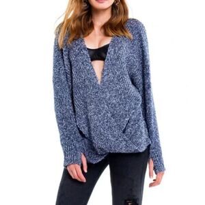 Wildfox Drew Oversize Herringbone Open V Chunky Sweater Blue White Size Small